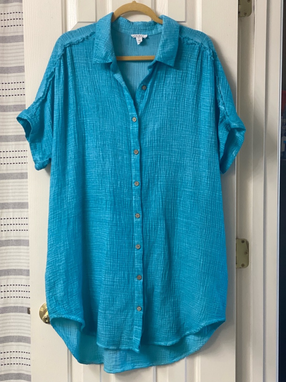 Tribal Sport 100% Cotton Turquoise Button-Down Swim Coverup Tunic Top Size Large